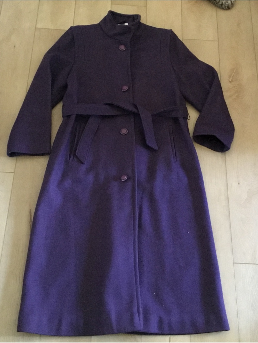 Womens Vintage Purple Belted Wool-Blend Long Coat